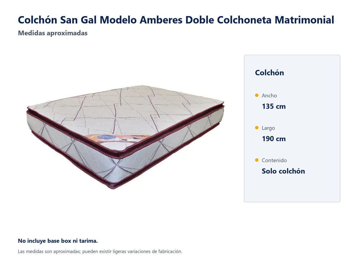 Colchón San Gal Modelo Amberes Doble Colchoneta Matrimonial - medidas aproximadas