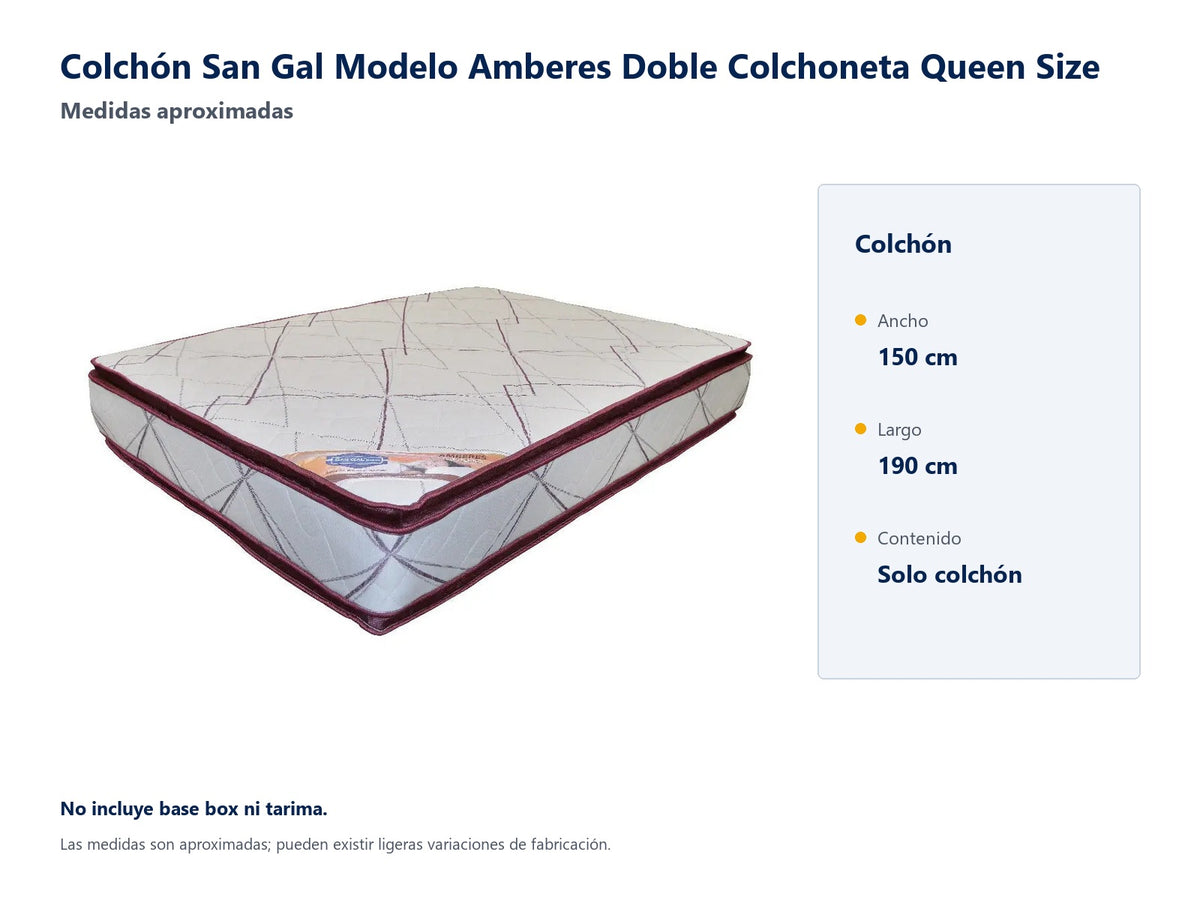 Colchón San Gal Modelo Amberes Doble Colchoneta Queen Size - medidas aproximadas