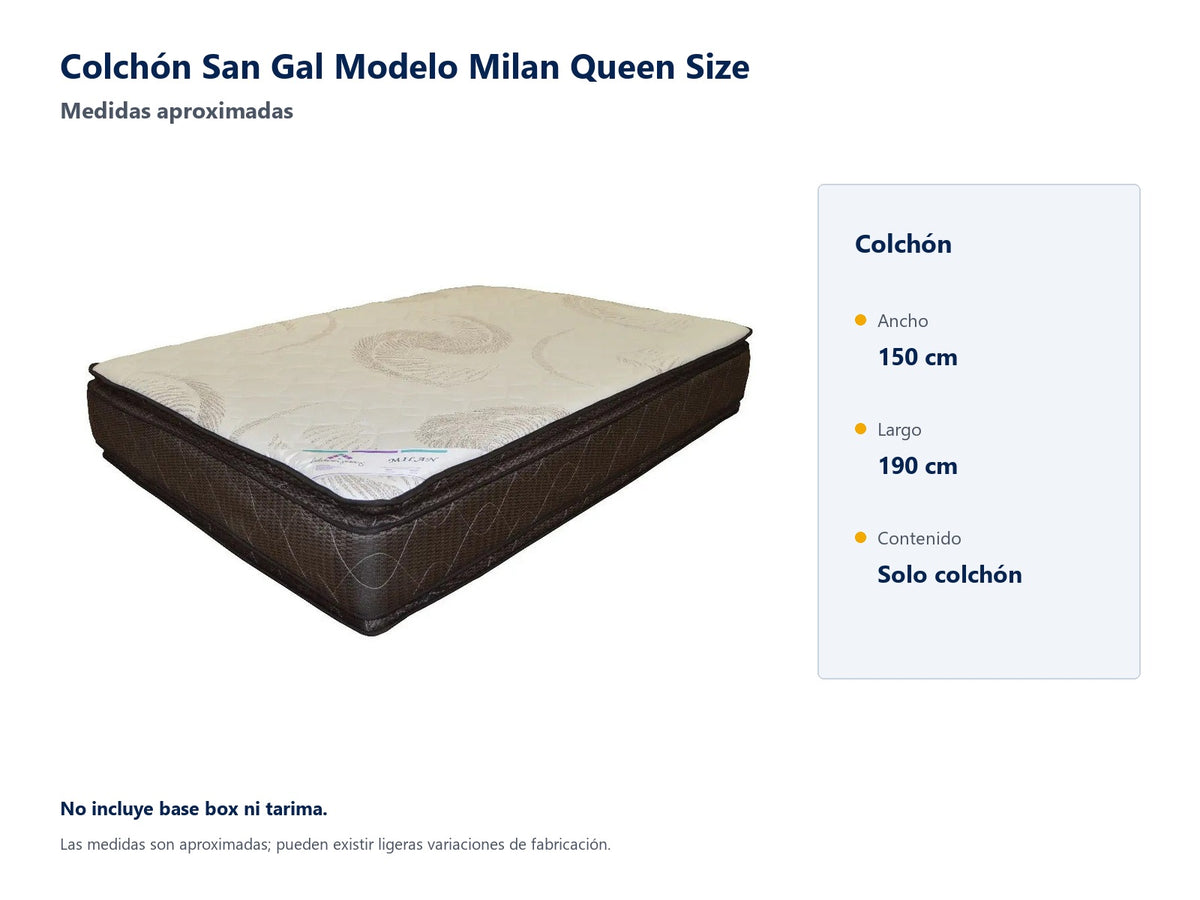 Colchón San Gal Modelo Milan Queen Size - medidas aproximadas