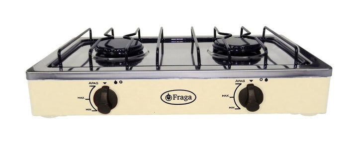 Parrilla Fraga P104i modelo P10467VL, dos quemadores, cubierta inoxidable y mueble almendra