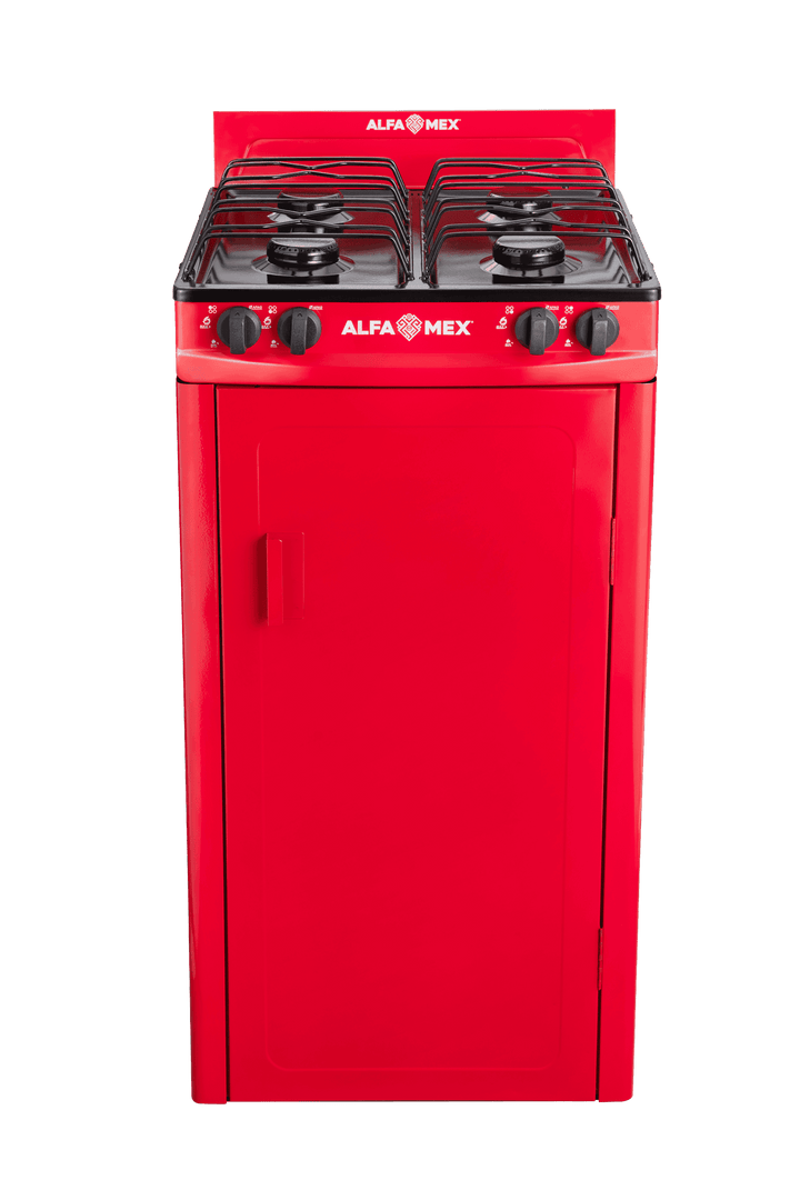 Parrilla de Gabinete Alfamex Modelo 211 Roja, 4 Quemadores - foto oficial Alfamex, vista de tres cuartos