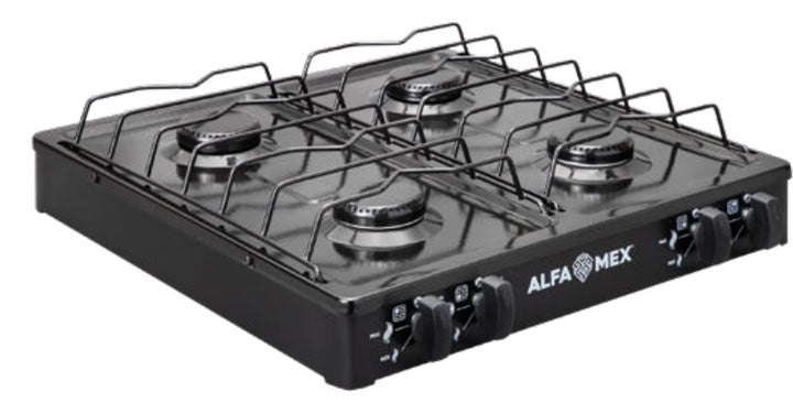 Parrilla Económica Alfamex Modelo 311 Negra, 4 Quemadores - vista de tres cuartos del fabricante
