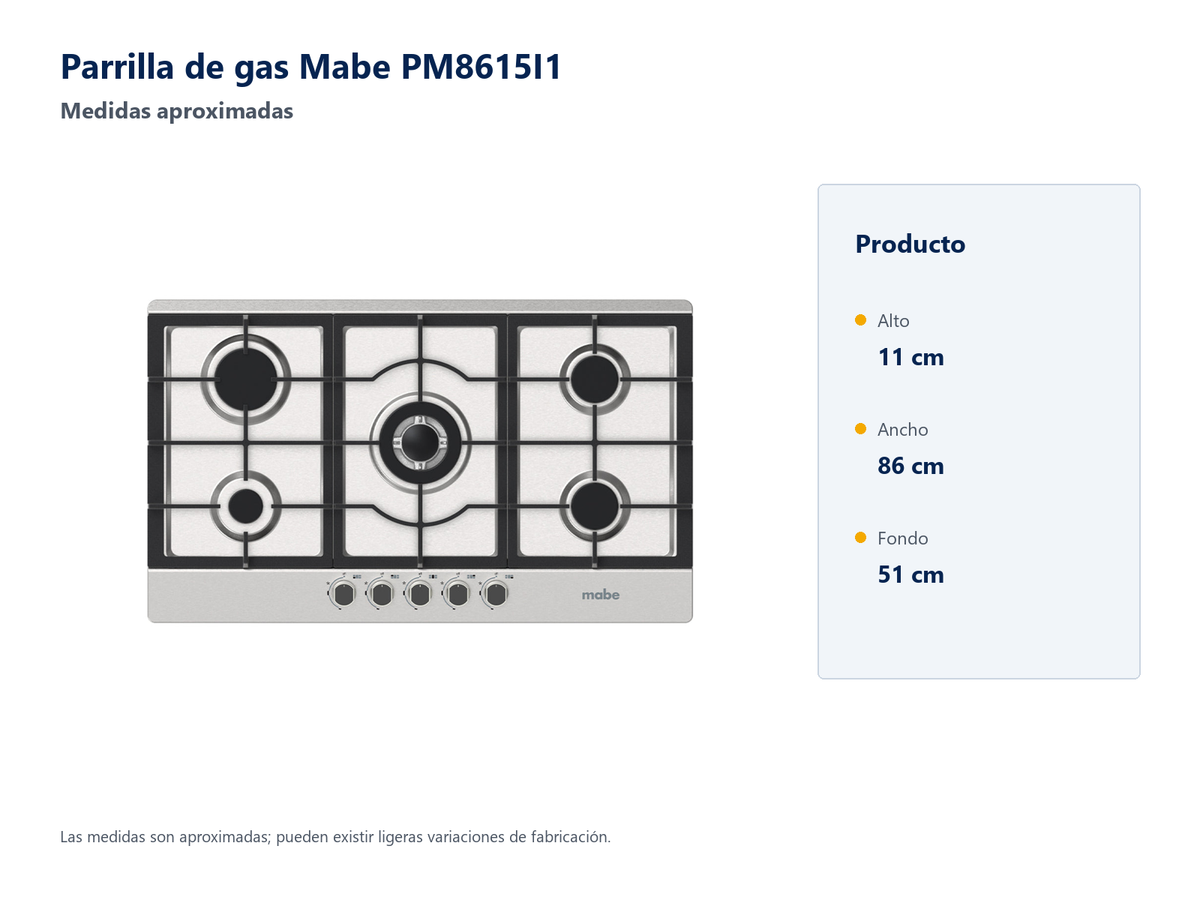 Parrilla Mabe PM8615I1 - medidas aproximadas exteriores: alto 11 cm, ancho 86 cm, fondo 51 cm