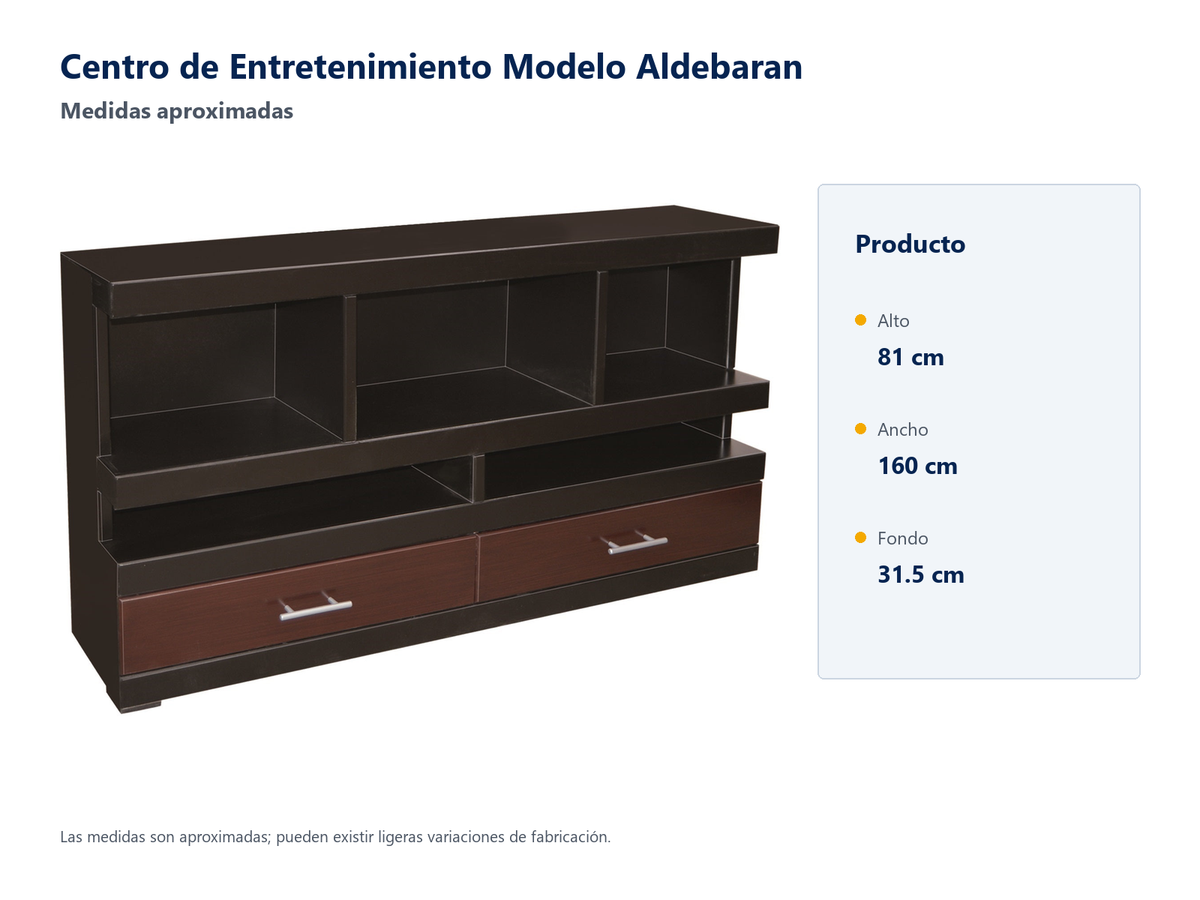 Centro de entretenimiento Aldebaran: medidas aproximadas, alto 81 cm, ancho 160 cm y fondo 31.5 cm