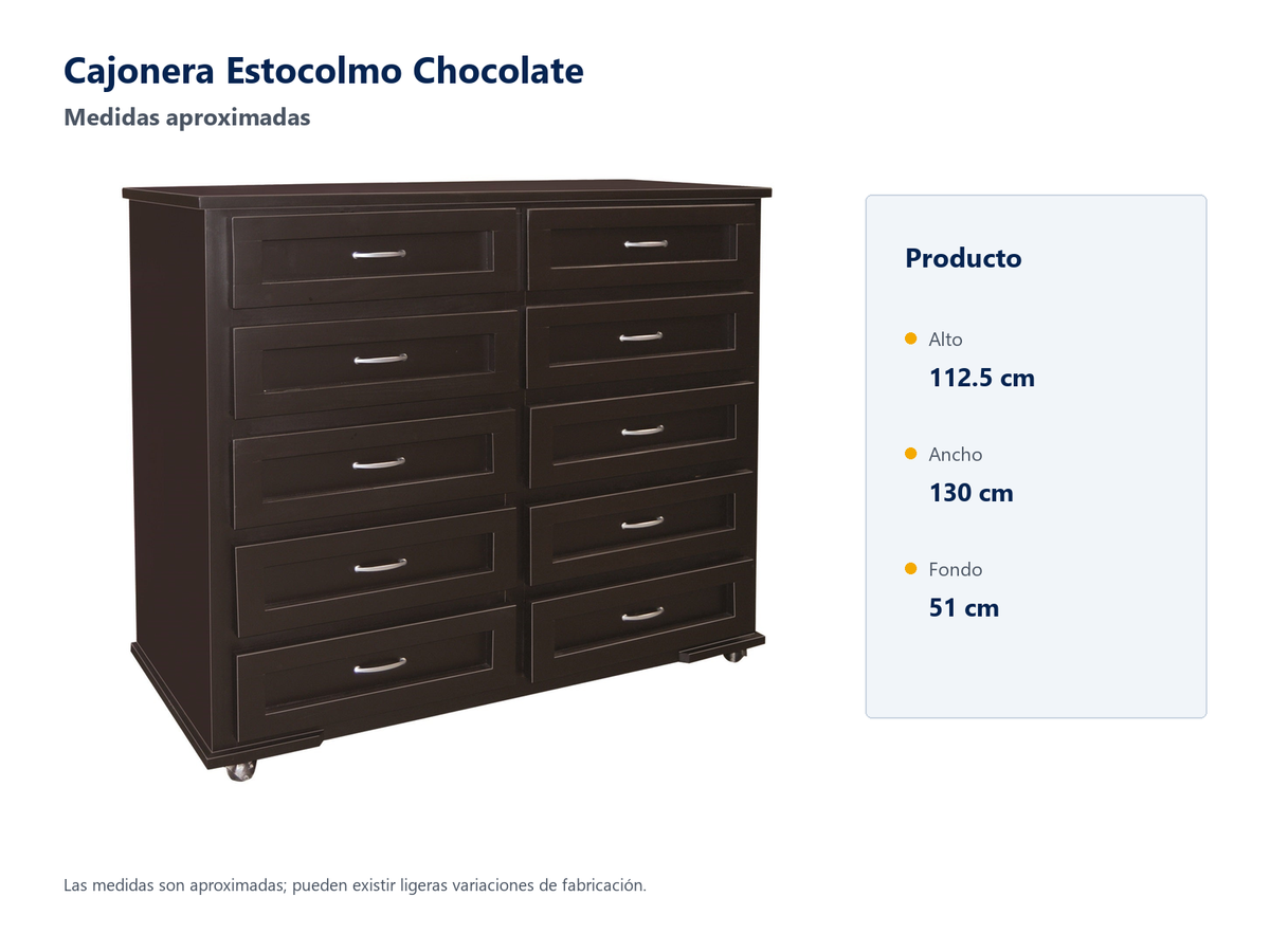 Cajonera Estocolmo Chocolate - medidas aproximadas: alto 112.5 cm, ancho 130 cm, fondo 51 cm; pueden existir ligeras variaciones de fabricacion