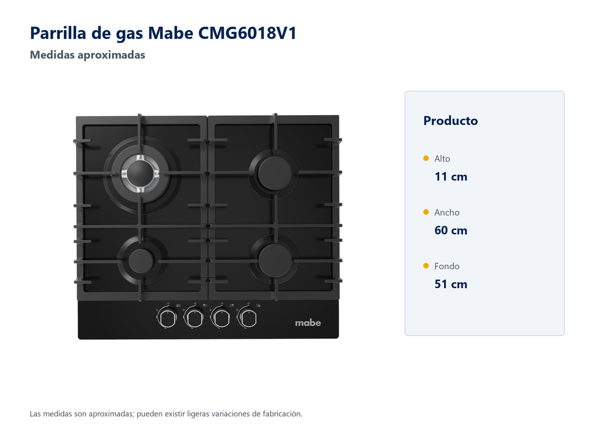 Parrilla Mabe CMG6018V1 - medidas aproximadas: alto 11 cm, ancho 60 cm, fondo 51 cm; pueden existir ligeras variaciones de fabricacion