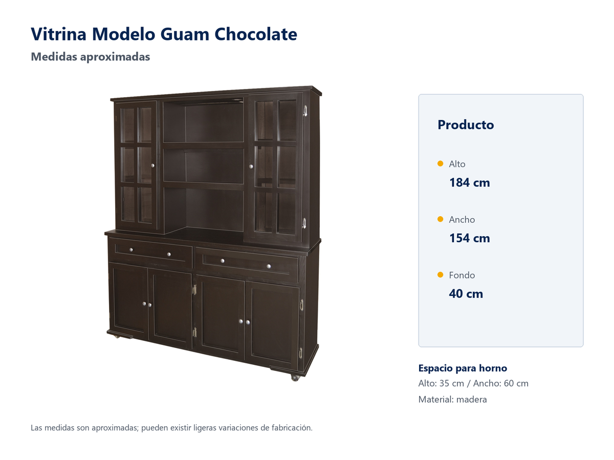 Vitrina Guam Chocolate: medidas aproximadas 184 x 154 x 40 cm; espacio para horno 35 x 60 cm; madera