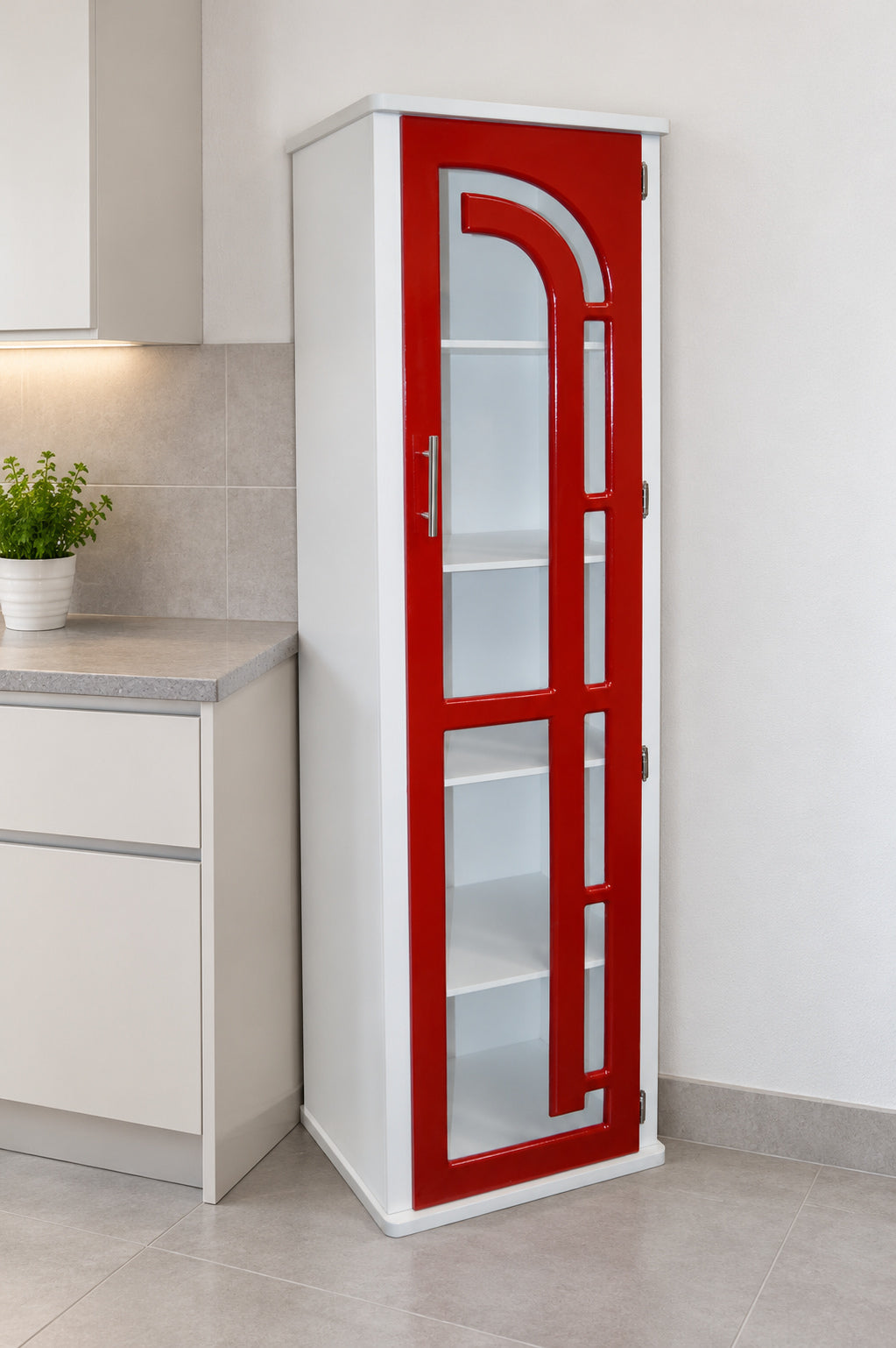 Colima Chico Rojo - ambientacion ilustrativa en cocina; se vende solo el mueble rojo y blanco