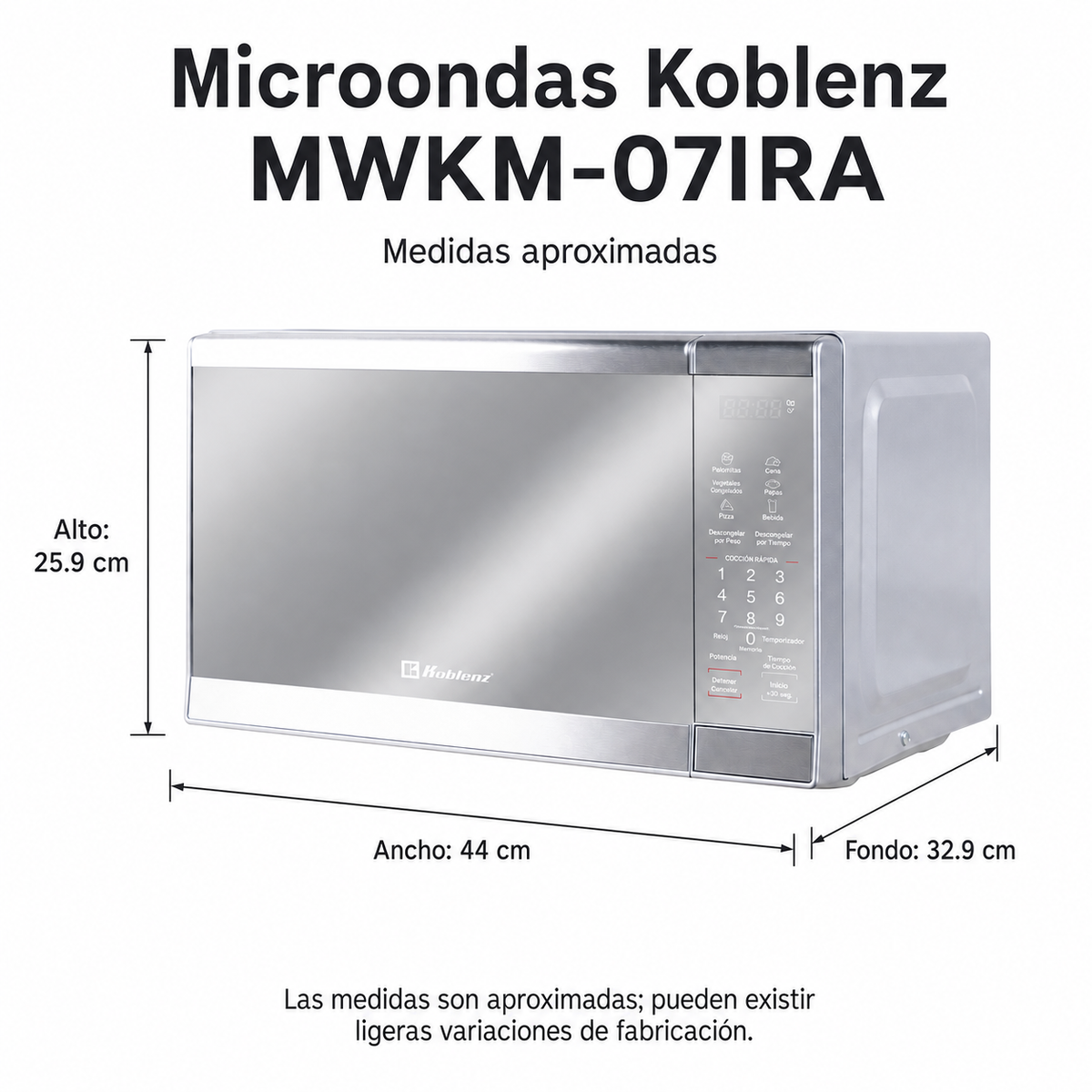 Horno de Microondas Koblenz Modelo MWKM-07IRA - Medidas aproximadas en cm. Las medidas son aproximadas; pueden existir ligeras variaciones de fabricación.