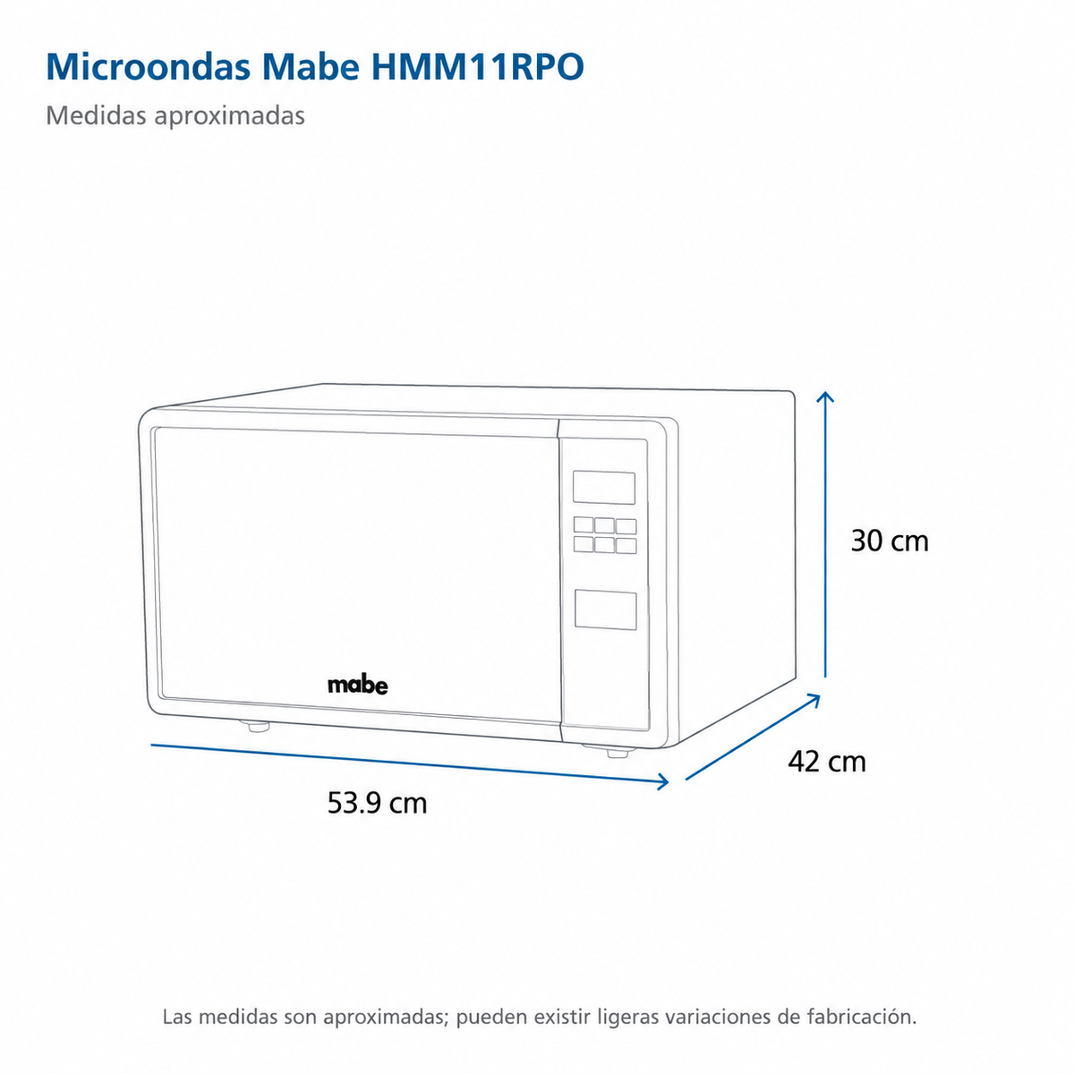 Horno De Microondas Mabe Modelo HMM11RPO - medidas aproximadas