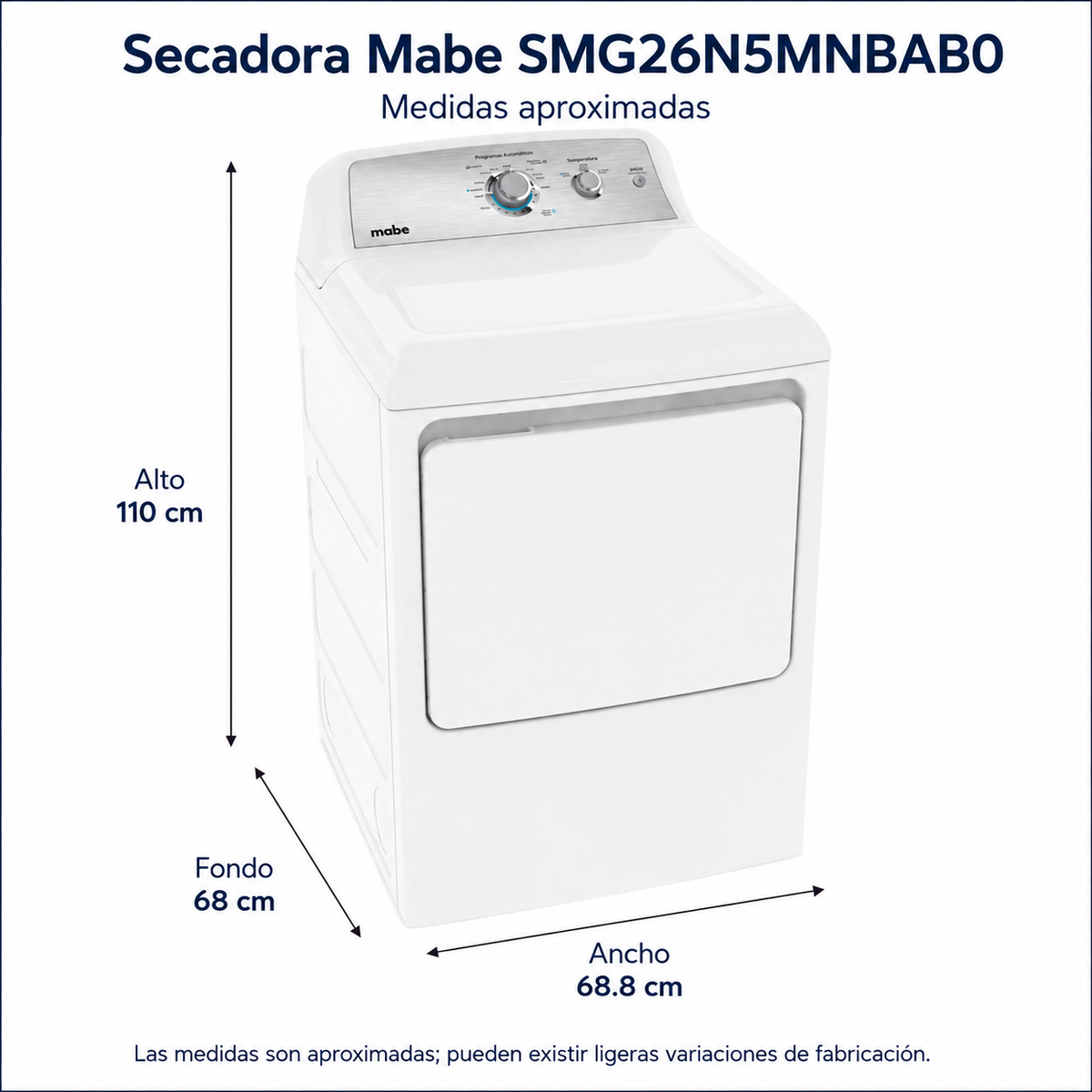 Secadora De Gas Mabe Modelo SMG26N5MNBAB0 - medidas aproximadas