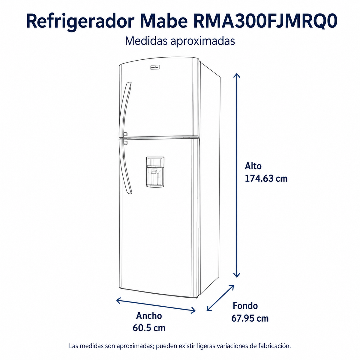 Refrigerador Mabe Modelo RMA300FJMRQ0 - medidas aproximadas