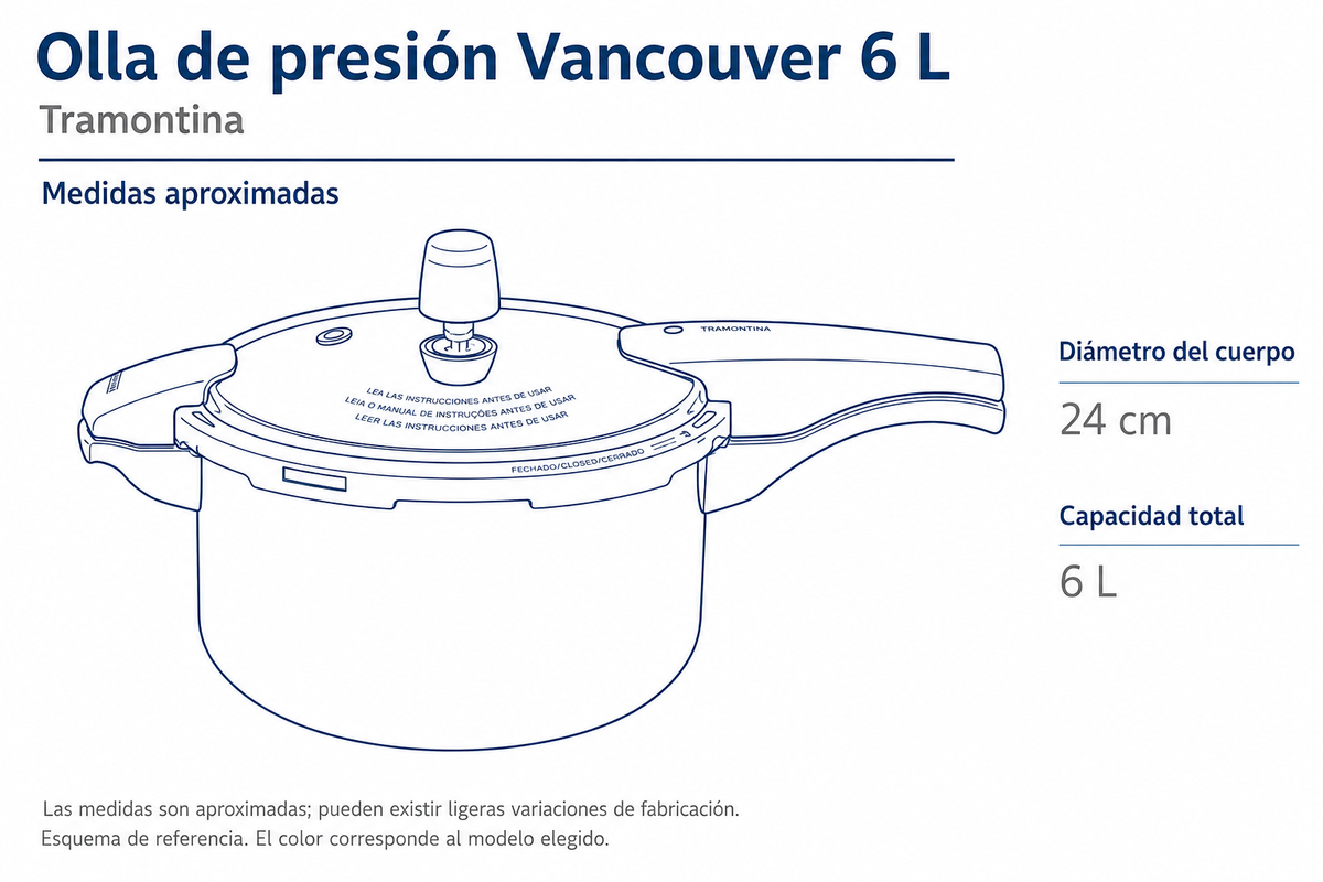 Olla de Presión Tramontina Vancouver 24 cm 6 L Grafito 20589624 - medidas aproximadas